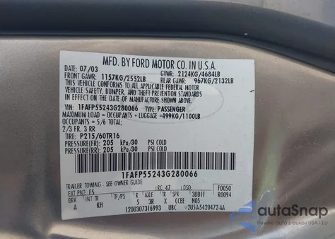 2003 Ford Taurus Ses z USA, uszkodzony, nr VIN 1FAFP55243G280066